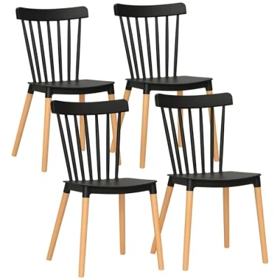 Afbeelding van HOMCOM Set van 4 eetkamerstoelen, keukenstoelen, Scandinavische stijl, hoge rugleuning, zitting polypropyleen, poten beukenhout, voor woonkamer, slaapkamer, keuken, kantoor, zwart