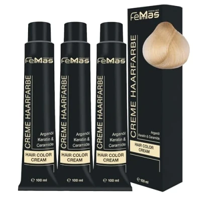 Image de FemMas Lot de 3 teintures pour cheveux, 100 ml, crème professionnelle, enrichie à l’huile d&#039;argan, kératine et céramides, comme coloration permanente ou teinte, blond platine doré 11.3