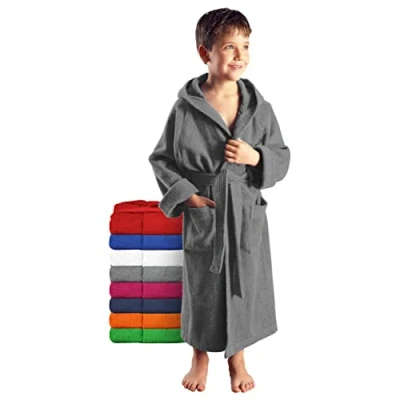 Afbeelding van Arus Badjas voor kinderen, meisjes, jongens en jongeren, met capuchon, 100% katoen, badstof, badhanddoek ultrazacht licht, grijs.