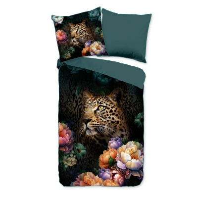 Afbeelding van Luxe Satijnen Dekbedovertrek 200x200 cm Luipaard en Bloemen Print Multi 2 Persoons 100% Katoen Satijn
