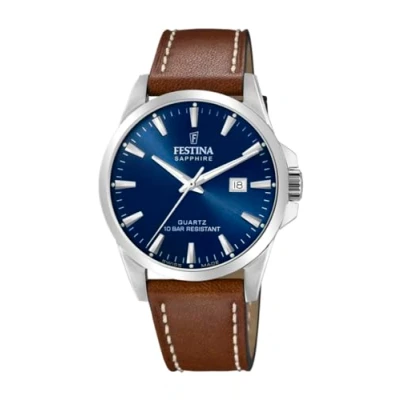 Afbeelding van Festina Herenhorloge F20025/3, gemaakt in Zwitserland, roestvrij staal, zilverkleurig, met bruine leren band, armband, Bruin, armband