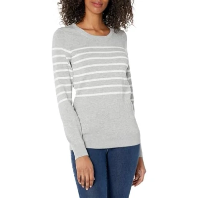 Image de Amazon Essentials Chandail léger à manches longues et col ras du cou pour femme (disponible en grande taille), gris clair chiné blanc rayé, taille XL