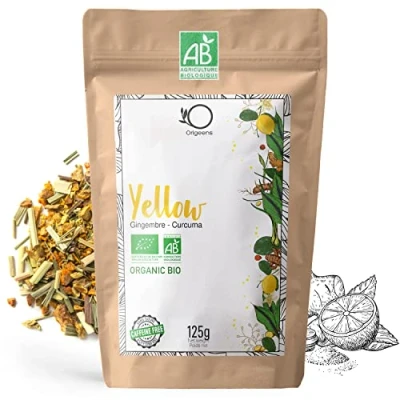 Image de ORIGEENS TISANE Gingembre Curcuma Bio Yell OW! 125g Infusion Poivre Noir et Citron Pour Thé Glacé/Chaud, Turmeric Latte, Jus de