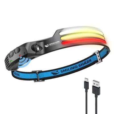 Afbeelding van Smiling Shark hoofdlamp, 230 graden brede hoek, 3 x leds, meerkleurige lichtstrips met oplaadbaar en bewegingssensor, waterdicht, voor kamperen, wandelen, led campinglicht
