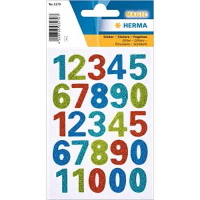 Image de Herma 3279 chiffres autocollants de 0 à 9 avec paillettes scintillantes (taille police 20 mm, 1 feuille), autocollants, permanents, 25 étiquettes, multicolore