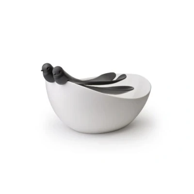 Afbeelding van Qualy slabak met vogeltjes bestek Sparrow Salad Bowl &amp; cutlery, Black
