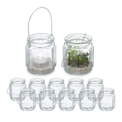 Afbeelding van Relaxdays windlicht set van 12 zilveren hengsel waxinelichthouder transparant glas