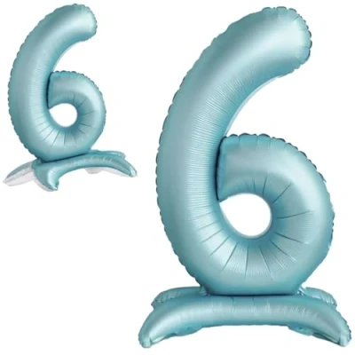 Afbeelding van Ballon 6ème Anniversaire Numéro 6 Bleu Clair Debout XXL Géant en Aluminium 82cm Décoration Garcon de Deco pour Anniversaire.