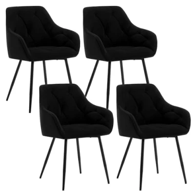 Afbeelding van WOLTU Set van 4 eetkamerstoelen, gestoffeerde keukenstoelen met rugleuning, armleuningen, metalen poten, voor woonkamer, kantoor, kaptafel, fluweel, zwart, EZS02sz