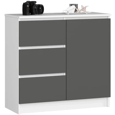 Afbeelding van AKORD K 80 JERRY commode met 3 laden, 2 planken en 1 deur, voor woonkamer, slaapkamer, modern, gelamineerde plaat 16 mm, x 77 35 cm, wit + grafiet grijze voorkant