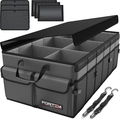 Afbeelding van Fortem Kofferbakorganizer, opvouwbare auto opbergtas, antislip bodem, verstelbare vakken, veiligheidsriemen, voor alle auto&#039;s (XL, grijs)