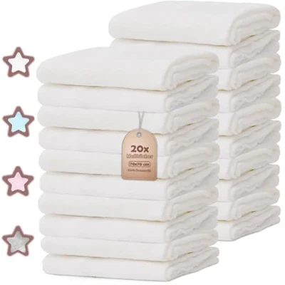 Image de NatureMark® Lot de 20 langes en gaze 70 x cm 100% coton Mousseline Blanc Certifié sans substances nocives Öko Tex Qualité supérieure (Lot cm, blanc)
