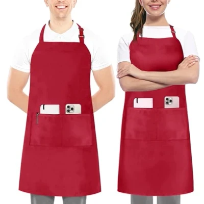 Afbeelding van Utopia Kitchen Set van 2 verstelbare slabbetjesschorten met zakken, water en oliebestendig, kookkoksschort voor vrouwen mannen, rood