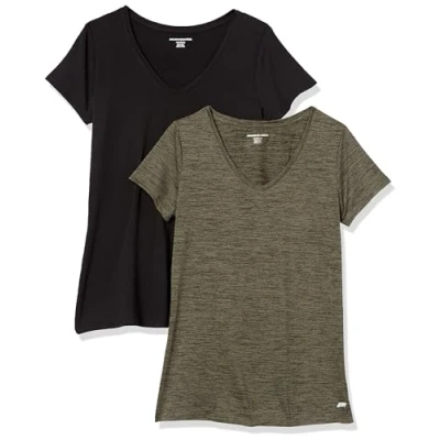 Image de Amazon Essentials T shirt Tech à manches courtes et col en V, extensible (disponible grande taille) Dames, 2 Pack, Noir/Vert Olive Teinture Spatiale, XXL