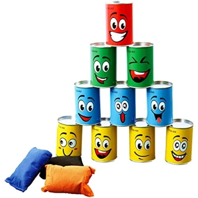 Afbeelding van Ulifeme Chamboulé All Outdoor, spel voor kinderen en volwassenen, tuinspelletjes buiten, 10 stuks met glimlachen, metalen blikken, opbergdoos 3 bonenzakken, verjaardagscadeau