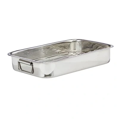 Afbeelding van Relaxdays braadslede met rooster edelstaal ovenschaal braadpan braadslee zilver L