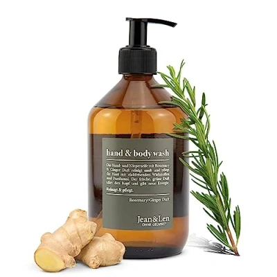 Afbeelding van Jean &amp; Len hand Body Wash Rosemary en Ginger, reinigt verzorgt de huid, frisse kruidige geur, douchezeep, vloeibare zeep zonder siliconen, parabenen microplastic, glazen fles 500 ml