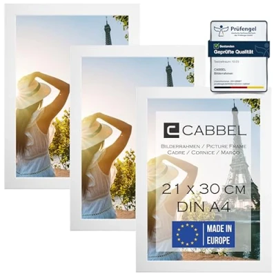 Afbeelding van CABBEL Set van 3 fotolijsten, A4 formaat, mdf fotolijst met onbreekbaar acrylglas, ideaal voor collages, portretten en certificaten, in wit, 21 x 30 cm