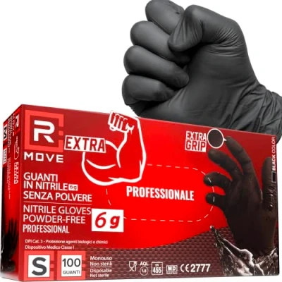 Afbeelding van R MOVE 100 zwarte nitril handschoenen, 6 g, extra sterk, 60% meer vingerdikte dan 3,5 latexvrij poedervrij voor mechanica, tattoo artiesten, restauratie, wegwerphandschoenen (S)