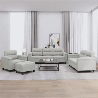 Afbeelding van vidaXL 4 delige Loungeset met kussens microvezelstof lichtgrijs