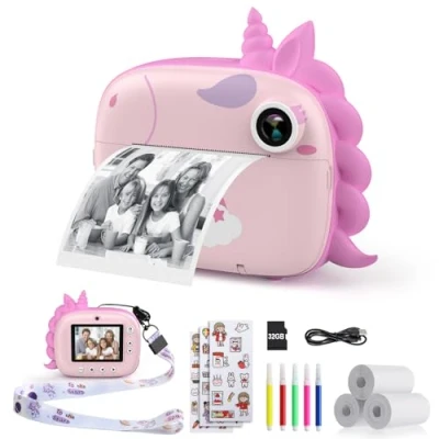 Afbeelding van HiMont Instant kindercamera met printpapier en 32G TF kaart, videocamera kleurrijke pennen fotoclips om te knutselen, cadeau voor kinderen van 3 tot 14 jaar (roze)