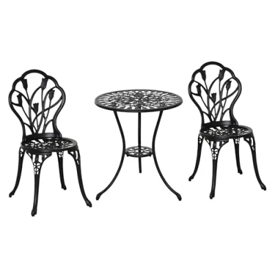 Afbeelding van Tuinmeubelset 2 zits stoelen + ronde tafel gegoten aluminium imitatie smeedijzer zwart