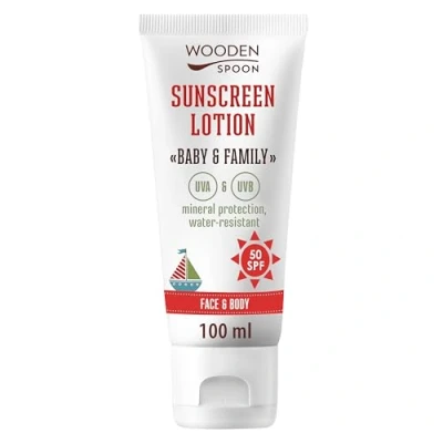 Afbeelding van 2x Wooden Spoon, Natuurlijke Minerale Zonnebrandcrème Baby &amp; Family SPF50 100ml (Set van 2 stuks).