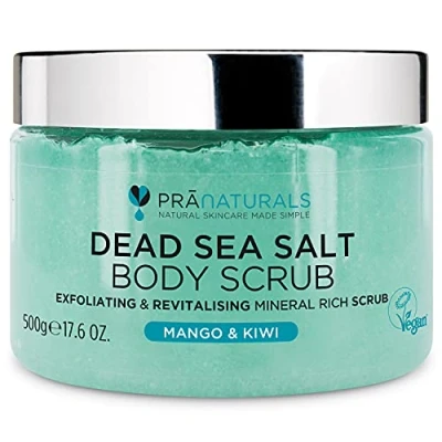 Image de PraNaturals Gommage pour le corps au sel de la Mer Morte 500gr Hydratant, huiles naturelles et minéraux, douce odeur fruitée, sans parabènes, vegan cruauté animale (Mangue Kiwi)