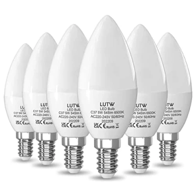 Afbeelding van LUTW Ledlampen, E14, koudwit, 6500 K, led kaarslamp, C37, kunststof, 5 W, komt overeen met 40 545 lm, kleine schroefvoet energiebesparend stralingshoek 160, niet dimbaar, 6 stuks