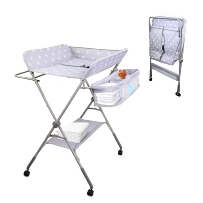 Afbeelding van Mobiclinic Zoey Luiertafel Babyverschoontafel Verstelbare hoogte Verzorgingstafel Wielen met rem Veiligheidsgordel Opvouwbaar Mobiele commode Grijs en wit