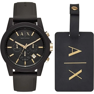 Image de Coffret cadeau avec montre Armani Exchange chronographe en silicone, noire, pour homme, et étiquette à bagage, AX7105