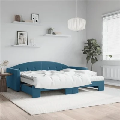 Afbeelding van vidaXL Slaapbank onderschuifbed en matrassen 90x200 cm fluweel blauw