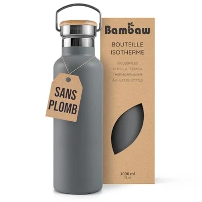 Afbeelding van Bambaw® 1 Liter RVS Thermosfles Dubbelwandig, Milieuvriendelijk, Lekvrijen, loodvrij en Plasticvrij Geïsoleerde Fles met Bamboe Deksel voor Warme Koude Dranken Ideaal Reizen, Werk, Yoga, Wandelen Dagelijks Gebruik donkergrijs