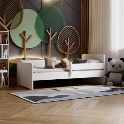 Afbeelding van KOBI Kinderbed Max wit met railing, matras, frame 140x70 bed voor een meisje en jongen kinderkamerset