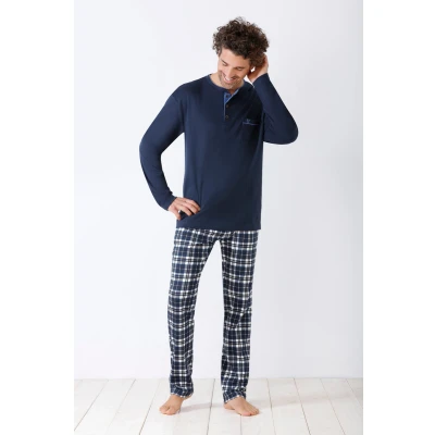Afbeelding van Warme Herenpyjama Hajo met geruite broek Blauw Maat 62