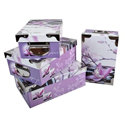 Afbeelding van 2J Set van 4 kartonnen dozen voor orchideeën en kiezelstenen met metalen hoeken handgrepen, afmetingen: 23 x 15 9,25 16,5 10,27 18 10,5,29 20 11 cm