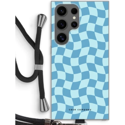 Afbeelding van Case Company® hoesje met Koord geschikt voor Samsung Galaxy S24 Ultra Grid Blauw Telefoonhoesje Zwart Bescherming aan alle Kanten en Over de Schermrand