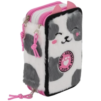 Afbeelding van Julian Ross drievoudig gevoerd etui, 44 schoolaccessoires, 20 cm, Zachte kat, pennenhouder