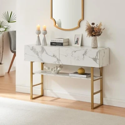Afbeelding van [en.casa] Consoletafel, industrieel design, rechthoekig, woonkamer, entree, 2 laden en opbergruimte, metaal, spaanplaat, 75 x 120 30 cm, goud, marmereffect, wit