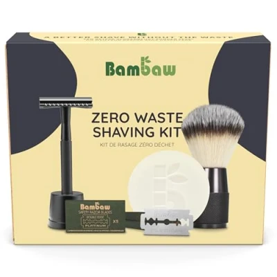 Afbeelding van Bambaw Scheerset voor heren veiligheidsscheerapparaat met houder, 15 scheermesjes, scheerkwast en baardzeep zonder parfum, geschenkdoos