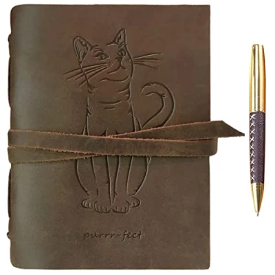 Afbeelding van Handgemaakt dagboek van leer met kattenmotief in reliëf, vintage A5 voor dames en heren, 15,2 x 20,3 cm, echt effen papier notities, schetsboek + pen