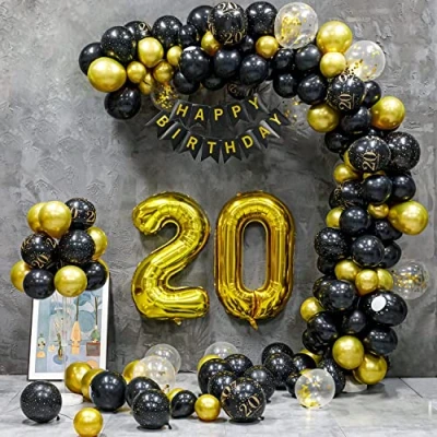 Afbeelding van Verjaardagsdecoratie, 20e jaar, verjaardag, feestdecoratie in zwart, goud, boog, decoratie, ballonnen voor jongens, meisjes, vrouwen, mannen