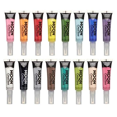 Afbeelding van Gezichts en lichaamsverf met een penseel van Moon Creations 15 ml assortiment 16 kleuren