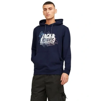 Afbeelding van Jack &amp; Jones Jcomap Logo Sweatshirt Hood Sn Hoodie Heren, Donkerblauw Wit Blauw Roze