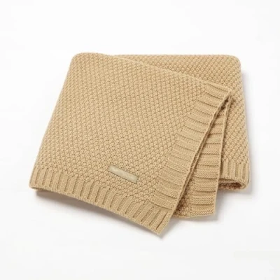 Afbeelding van Odot Gebreide deken voor baby&#039;s, jongens, meisjes, eenvoudig, ultrazacht en wollig, vierkante inbakerdeken, kinderwagen of babybed, beddengoedset (80 x 100 cm, bruin)