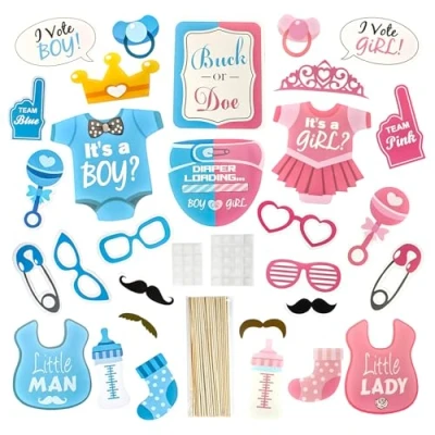 Afbeelding van 30 stuks geslachtsonthullende feestaccessoires, babyshower accessoires voor meisjes en jongens, verjaardagsfeest, babyshower, pasgeborene