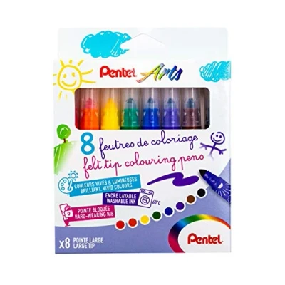 Afbeelding van Pentel SCS3E viltstiften voor kinderen, met ultra wasbare inkt en brede penpunt, verschillende kleuren, 8 kleuren