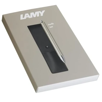 Afbeelding van LAMY Set van 1 Swift 330 in acciaio roestvrij staal met afwerking laccata opaca e custodia vera schep di color zwart per due strumenti scrittura, inclusief mina voor rollerball M 66 B blauw