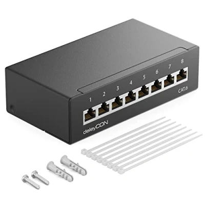 Afbeelding van deleyCON CAT 6 patchpaneel distributiepaneel 8 poorten 1 UH desktop en muur afgeschermd x RJ45 LAN installatiekabel netwerk TIA568A TIA568B RAL 9005 zwart