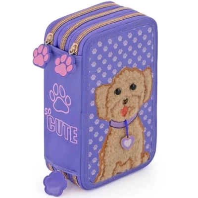 Afbeelding van Julian Ross drievoudig gevoerd etui, 44 schoolaccessoires, 20 cm, Puppy Love, pennenhouder